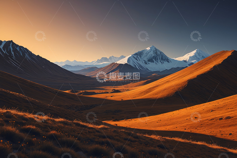 高清大图下载【趣麦麦图】黄昏时分的雪山与山谷景观