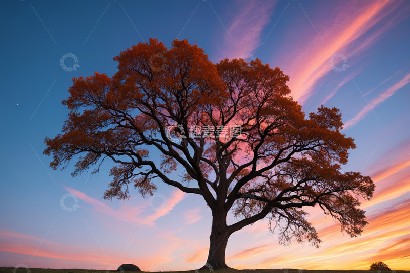 高清大图下载【趣麦麦图】夕阳下的孤树与绚丽天空
