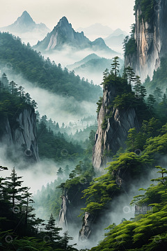 山间云雾缭绕的自然景观