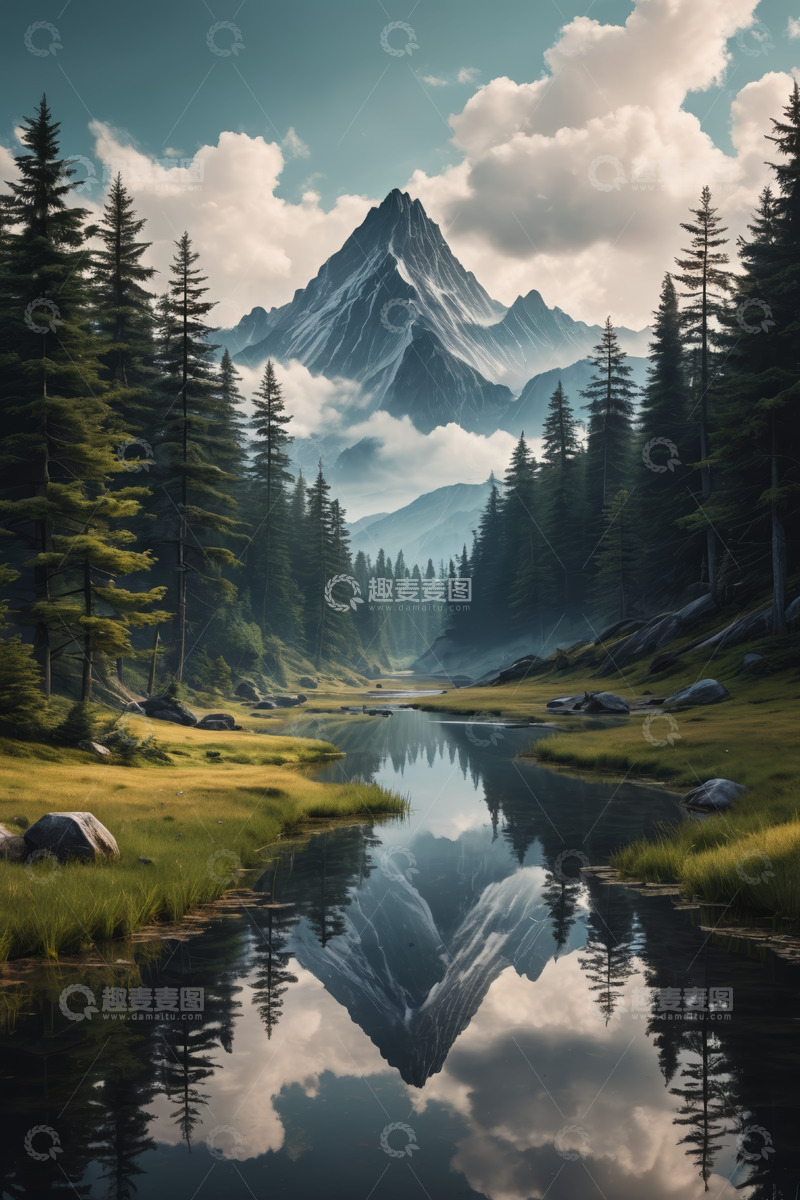 高清大图下载【趣麦麦图】山林湖泊与远山自然风景