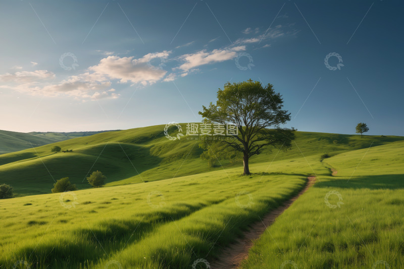 高清大图下载【趣麦麦图】绿草地中孤树与小径风景
