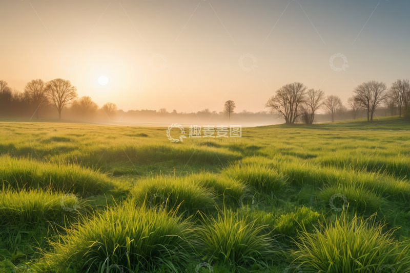 高清大图下载【趣麦麦图】晨光照耀下的绿色草地与树木
