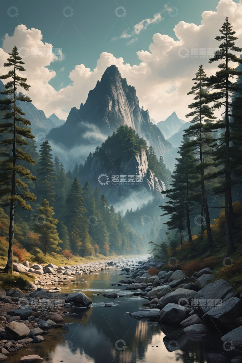 高清大图下载【趣麦麦图】山林间河流与巍峨山峰景观