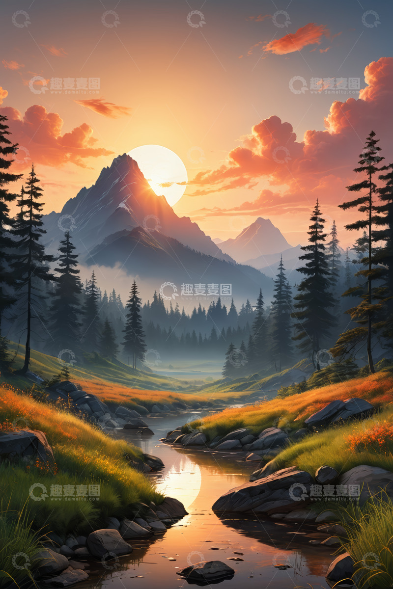 高清大图下载【趣麦麦图】山林间日落溪流自然风光
