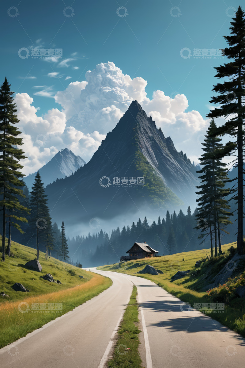 高清大图下载【趣麦麦图】山间公路旁的小屋与森林景观