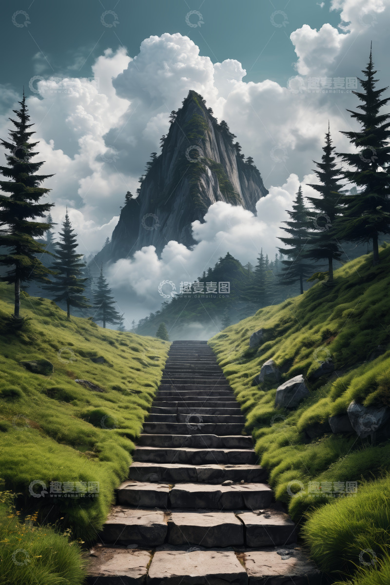 高清大图下载【趣麦麦图】山间石阶通往巍峨山峰景观