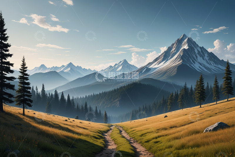 高清大图下载【趣麦麦图】山间草地森林与远山风景