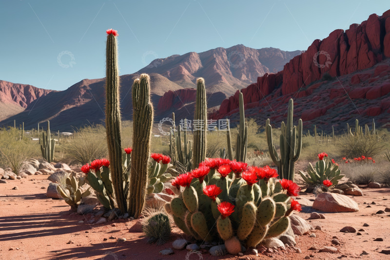 高清大图下载【趣麦麦图】沙漠中盛开红花的仙人掌景观