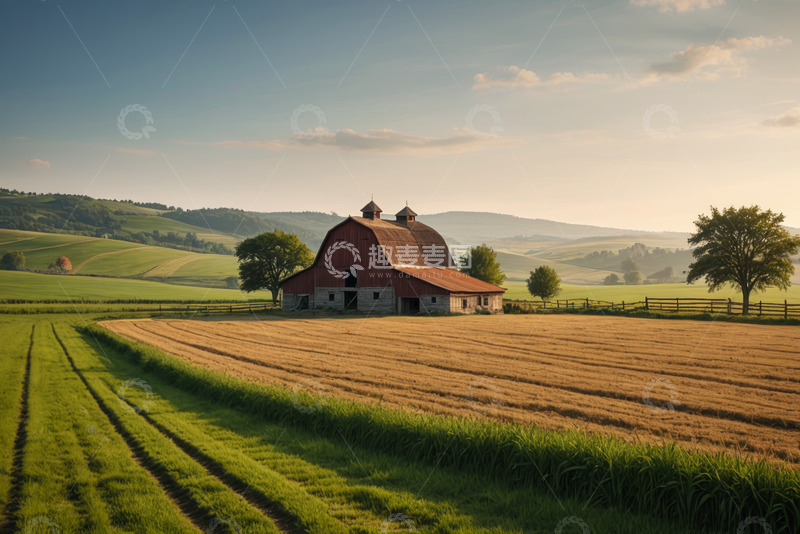 高清大图下载【趣麦麦图】田野中的红色农舍田园景观