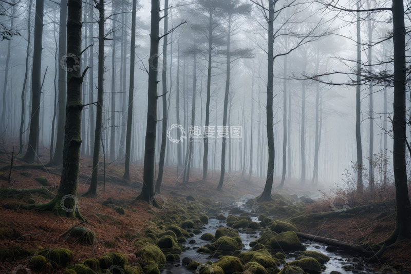 高清大图下载【趣麦麦图】雾中的森林与溪流景观