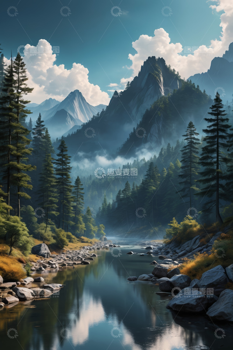 高清大图下载【趣麦麦图】山林间宁静河流自然风光