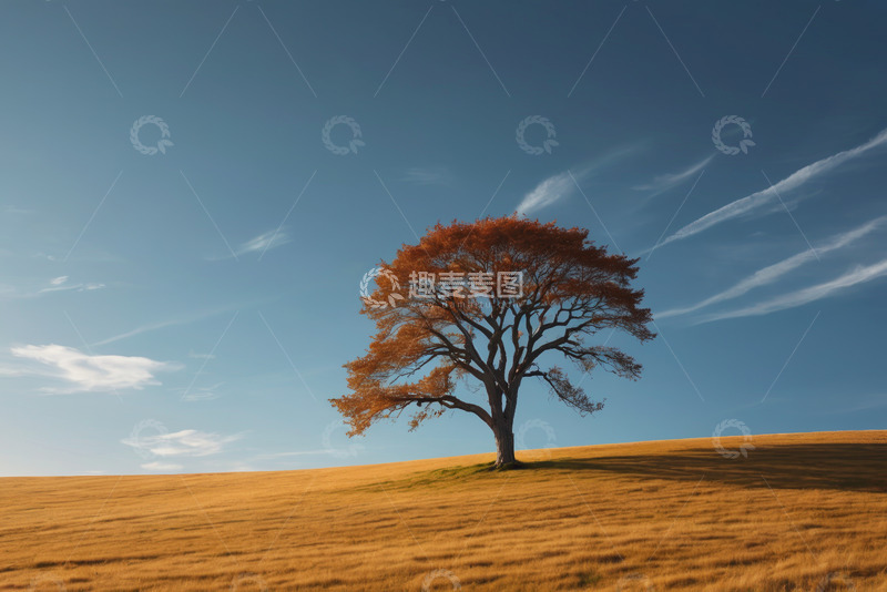 高清大图下载【趣麦麦图】旷野中红叶树与蓝天景色