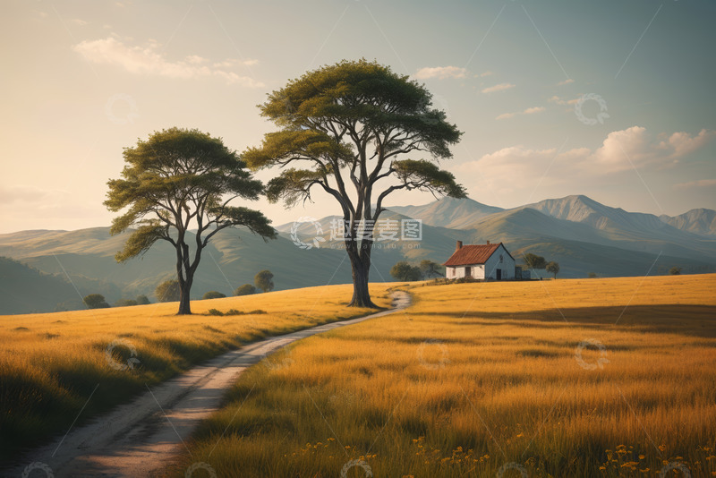 高清大图下载【趣麦麦图】田园旷野中的小屋与树木景观