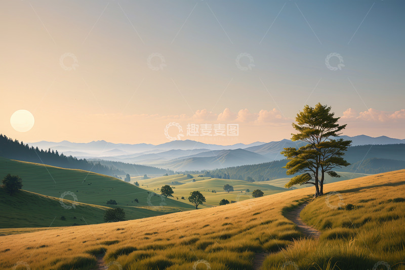 高清大图下载【趣麦麦图】山间草地日落自然风光