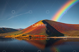 彩虹下的山丘与湖泊景观