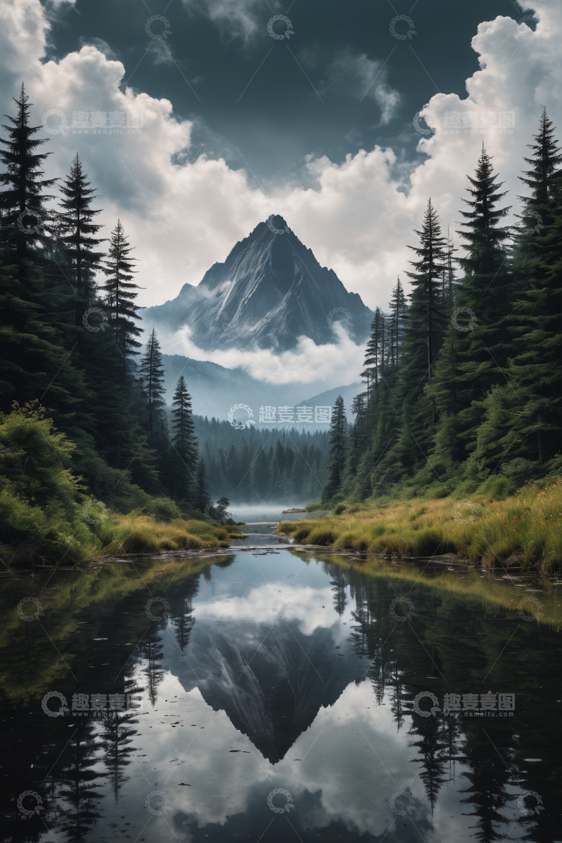 高清大图下载【趣麦麦图】山林间湖泊与远山景观