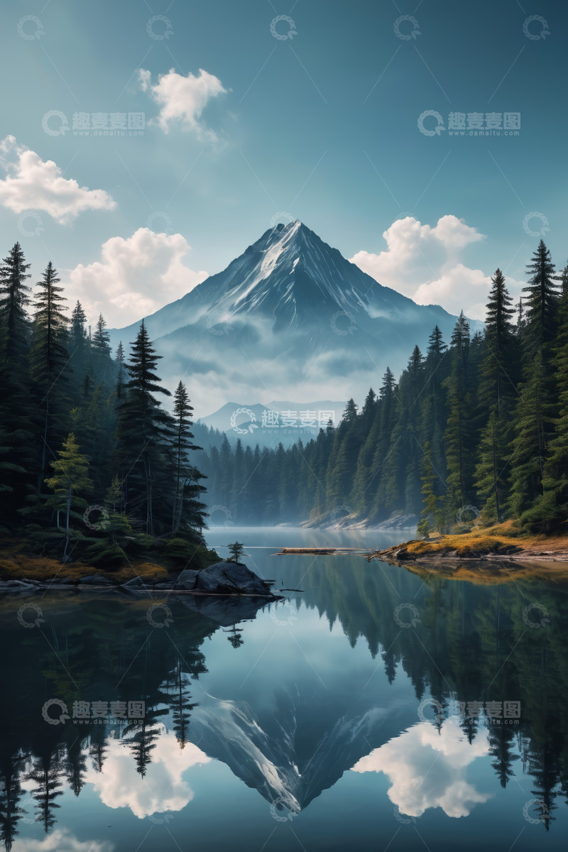 高清大图下载【趣麦麦图】山林湖泊与远处雪山风景