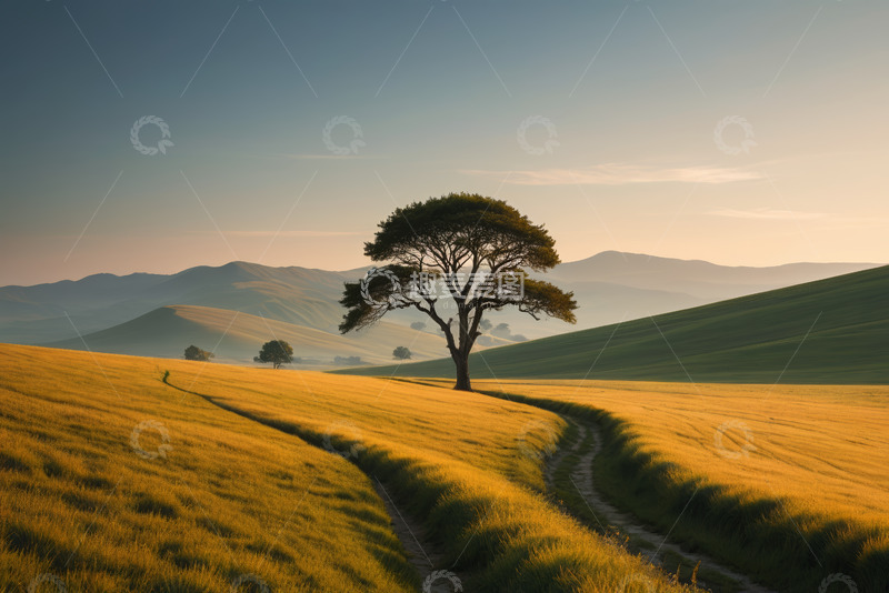 高清大图下载【趣麦麦图】田野中孤树立于蜿蜒小径旁