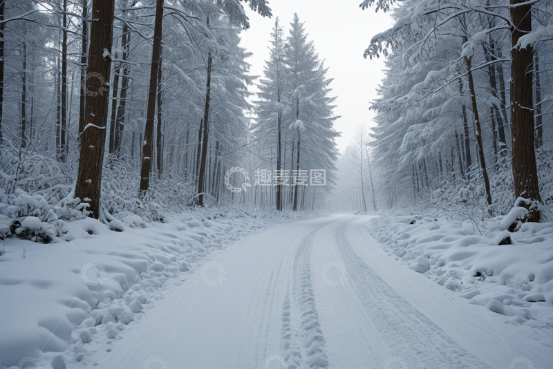 高清大图下载【趣麦麦图】雪覆盖的森林道路景象