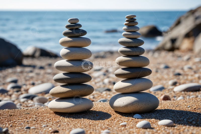 高清大图下载【趣麦麦图】海滩上堆叠的平衡石景观