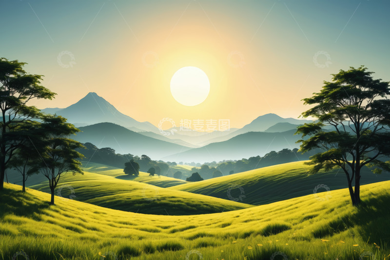 高清大图下载【趣麦麦图】山间草地日出自然风光