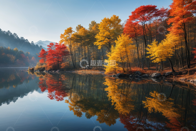 高清大图下载【趣麦麦图】湖畔多彩树林自然风光