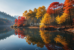 湖畔多彩树林自然风光