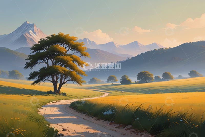 高清大图下载【趣麦麦图】田野中孤树与远山风景