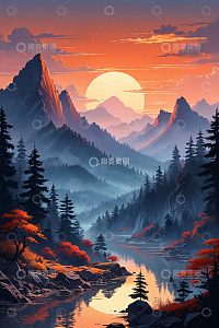 夕阳下的山林湖泊风景