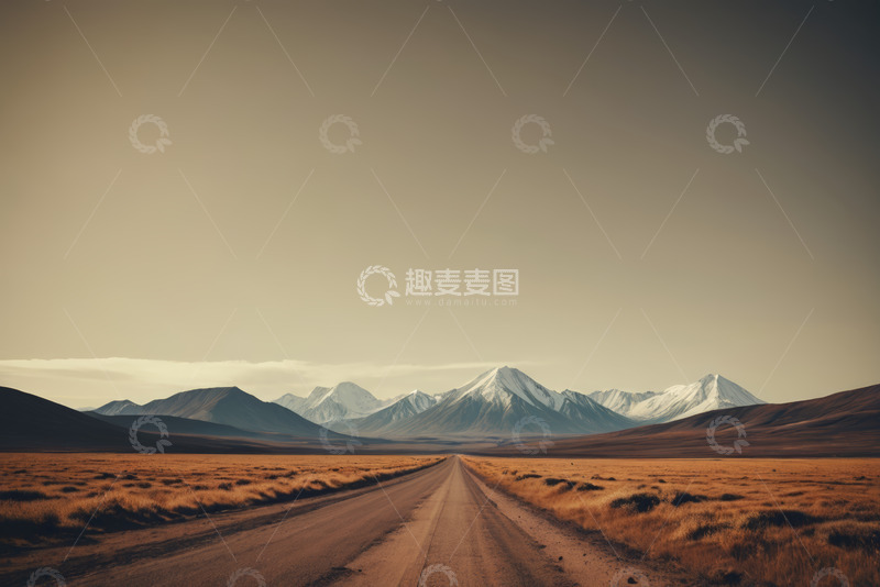 高清大图下载【趣麦麦图】荒野中的道路与雪山远景