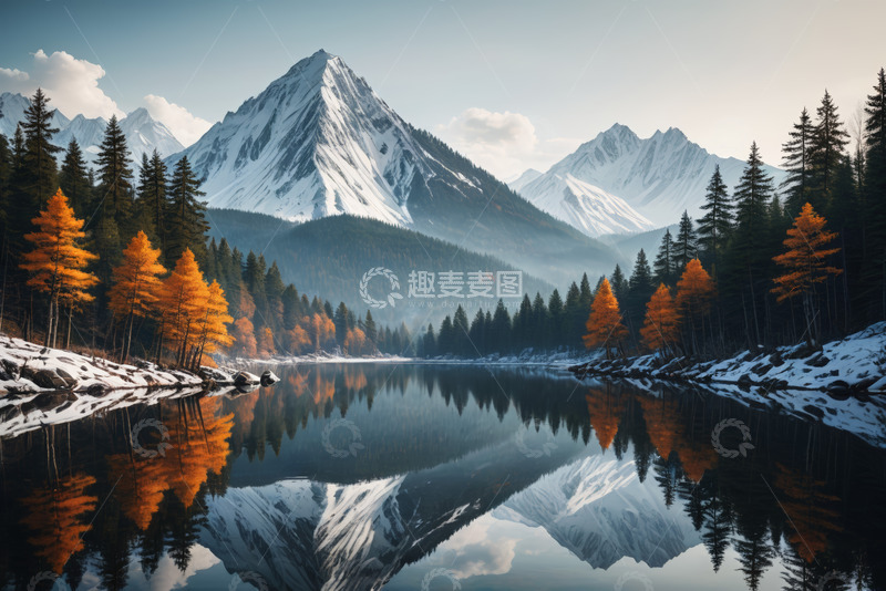 高清大图下载【趣麦麦图】雪山森林湖泊自然风光