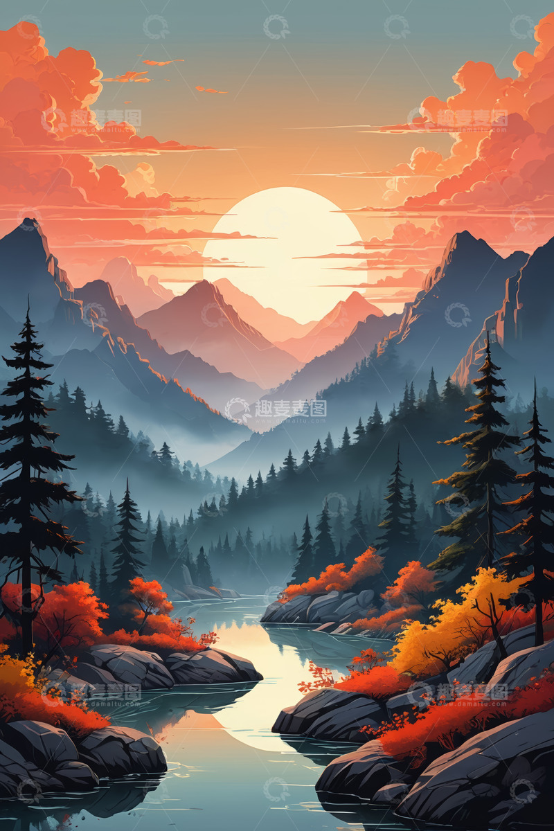 高清大图下载【趣麦麦图】山间河流日落自然风光