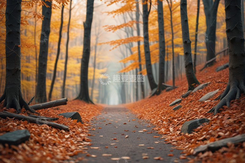高清大图下载【趣麦麦图】秋日森林中的落叶小径