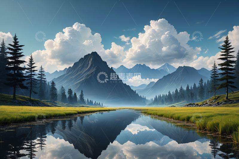 高清大图下载【趣麦麦图】山间草地湖泊自然风光