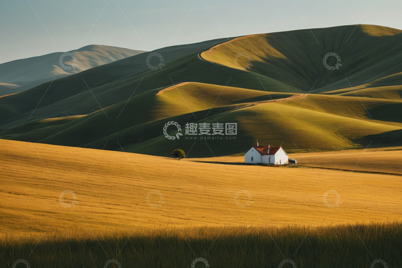 高清大图下载【趣麦麦图】田野山丘间的白色小屋