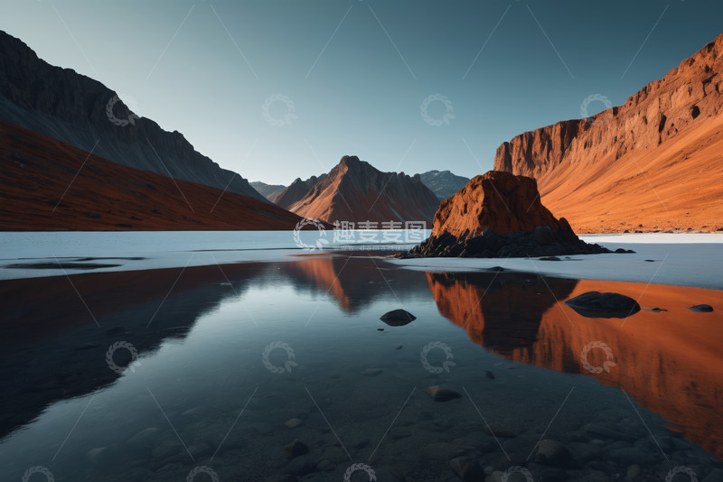 高清大图下载【趣麦麦图】山间水域与红色山体景观