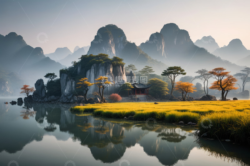 高清大图下载【趣麦麦图】山水间中式建筑自然风光