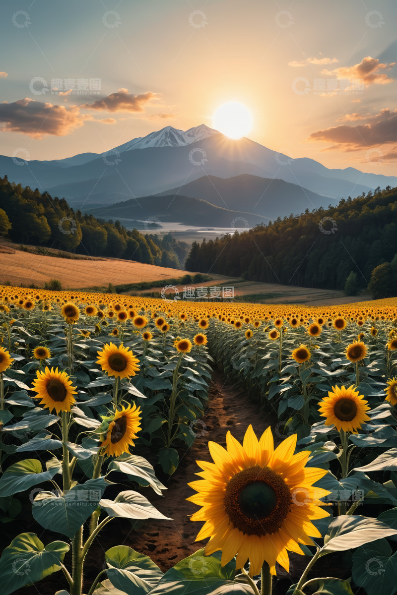 高清大图下载【趣麦麦图】夕阳下向日葵田与远山景观