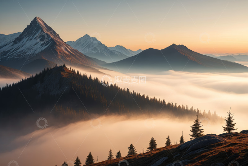 高清大图下载【趣麦麦图】山间晨雾与森林山脉景观