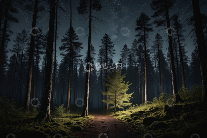 高清大图下载【趣麦麦图】夜晚森林中的幽径与星空