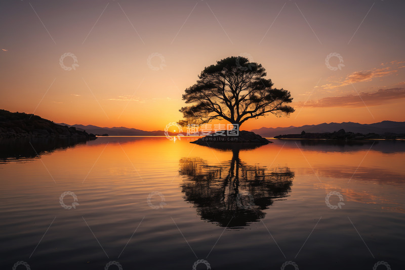高清大图下载【趣麦麦图】湖中小树日出倒影美景