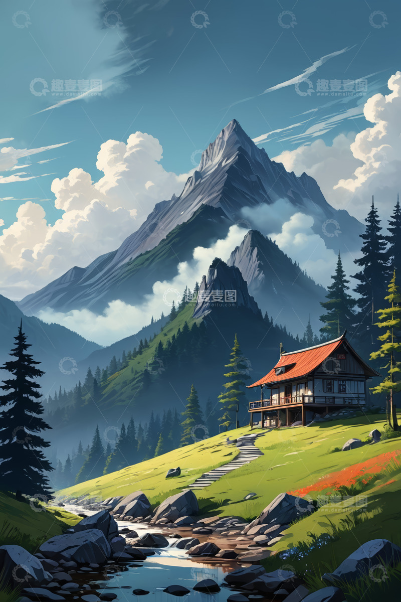 高清大图下载【趣麦麦图】山间森林中的木屋风景