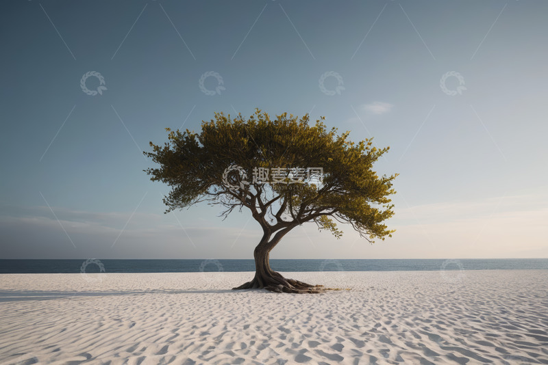 高清大图下载【趣麦麦图】沙滩上的独树与海景