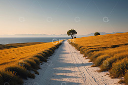 田野间通往海边的小路风景