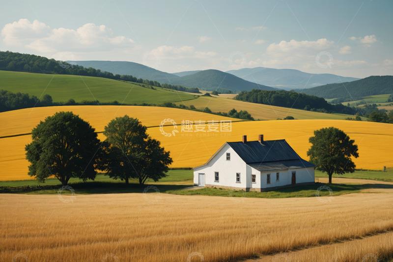 高清大图下载【趣麦麦图】田野间的白色农舍风景