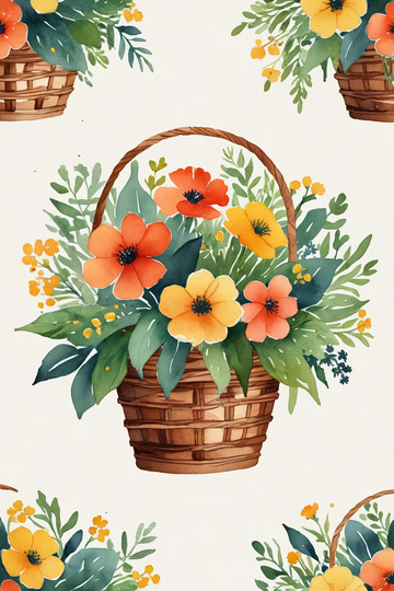 手绘花篮花卉图案素材