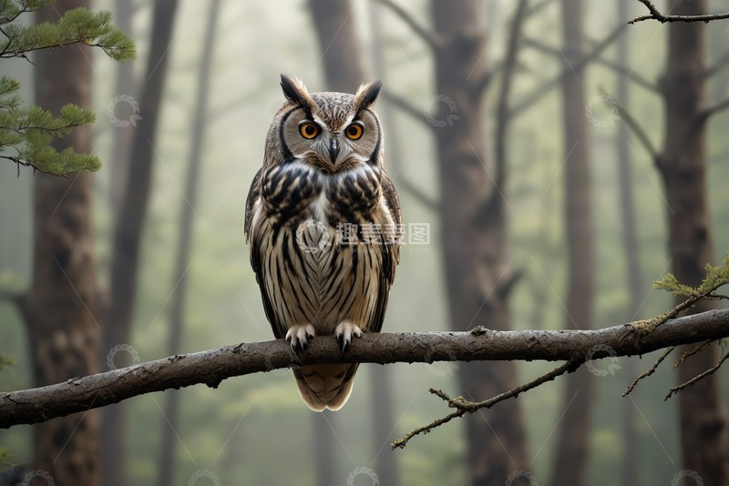 高清大图下载【趣麦麦图】栖息在树枝上的猫头鹰