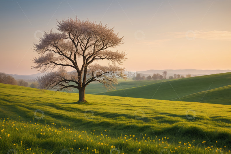 高清大图下载【趣麦麦图】田野中盛开的单棵树木