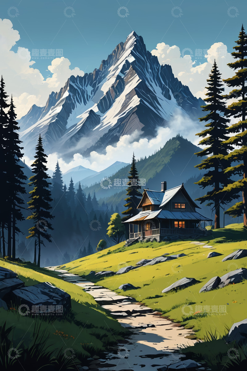 高清大图下载【趣麦麦图】山间小屋与森林山景
