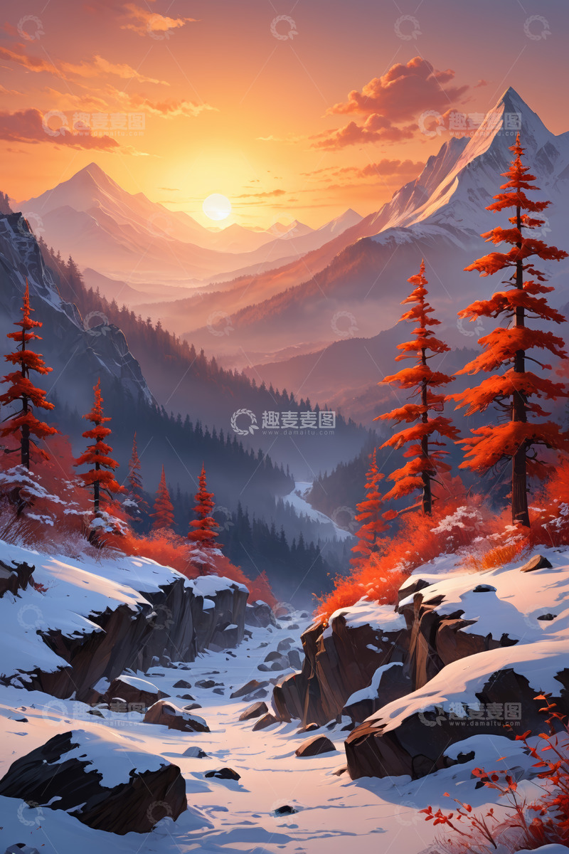 高清大图下载【趣麦麦图】雪山日出风景
